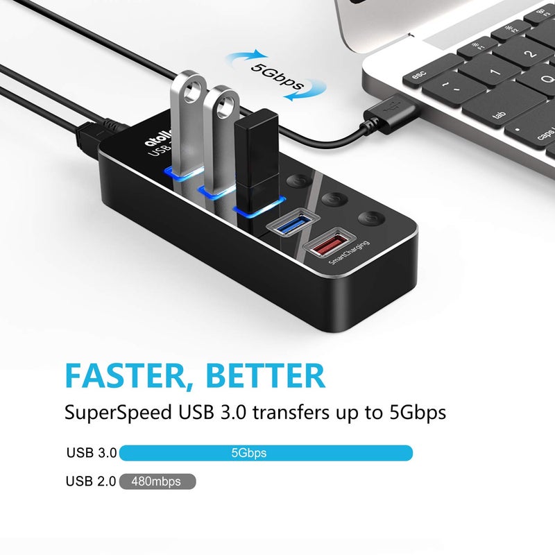 atolla Powered USB Hub, atolla Aluminum 5-Port USB 3.0 Hub with 4 USB 3.0 Data Ports and 1 USB Smart Charging Port, USB Splitter with 5V/3A Power Adapter and Individual Switches - Image 2